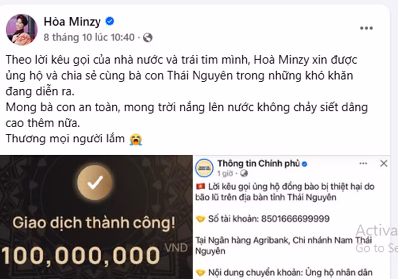 Ít ngày trước, Hòa Minzy ủng hộ 100 triệu đồng cho người dân Thái Nguyên. Ảnh: FB Hòa Minzy.