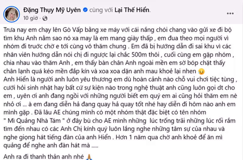 Trước đó, nhạc sĩ Nguyễn Văn Chung, nghệ sĩ Mỹ Uyên bày tỏ sự tiếc thương trước sự ra đi của nhạc sĩ Thế Hiển. Ảnh: FB Mỹ Uyên.