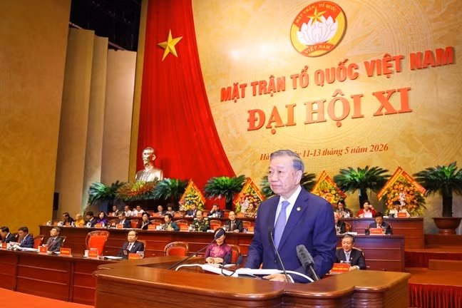 Tổng Bí thư, Chủ tịch nước Tô Lâm phát biểu chỉ đạo Đại hội đại biểu Mặt trận Tổ quốc Việt Nam lần thứ XI. Ảnh: Quang Vinh.