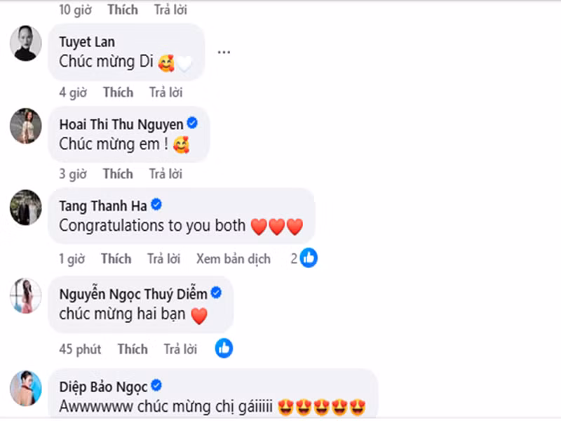 Tăng Thanh Hà gửi lời chúc mừng đến Băng Di và Justin Chiêm. Ảnh: FB Băng Di.