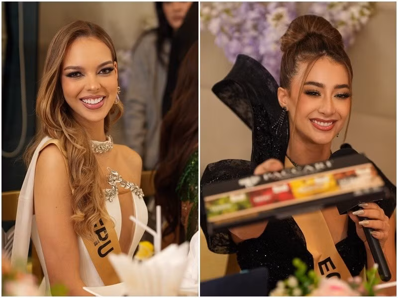 Theo Tiền Phong, ít ngày trước, trong buổi tiệc tối cùng ông Nawat - Chủ tịch Miss Grand Intenational, khi đại diện Ecuador - Samantha Quenedit khoe sản phẩm chocolate, Flavia Lopez bất ngờ chen ngang, nói rằng ca cao để làm chocolate đến từ Peru. Ảnh: Miss Grand International.