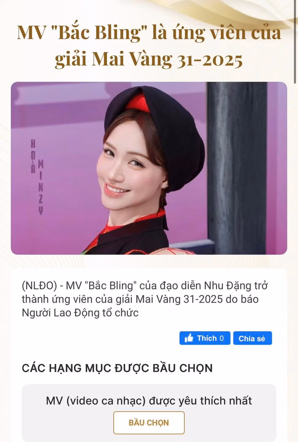 Cô là ứng viên giải Mai Vàng 2025 hạng mục Nữ ca sĩ được yêu thích nhất với ca khúc Bắc Bling.