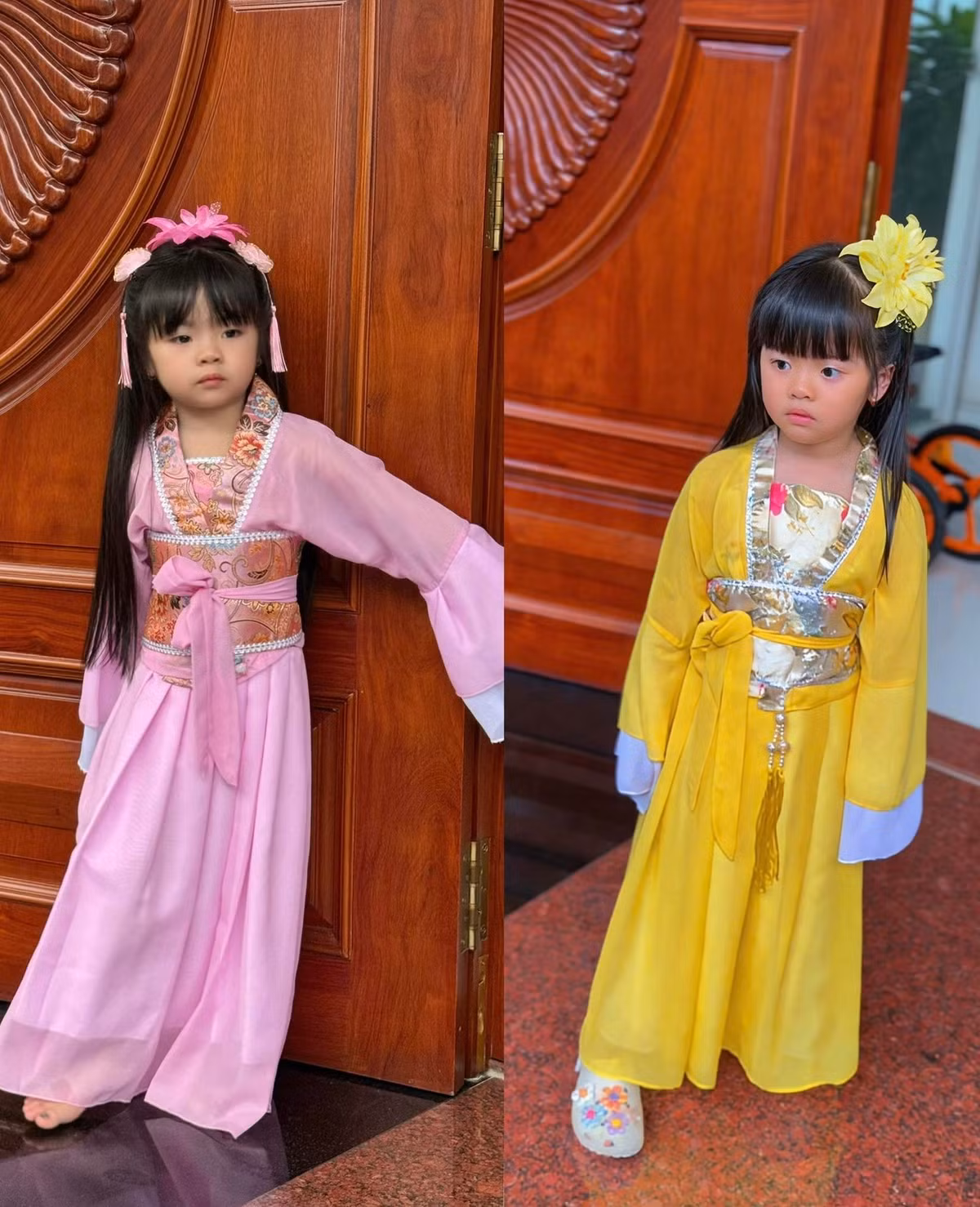 Chia sẻ hình ảnh Quianna và Quinita, Vân Trang hài hước viết: "Sáng nay trời mưa, nên Hằng Nga buồn quá làm sao đi bộ tới trường được đây".