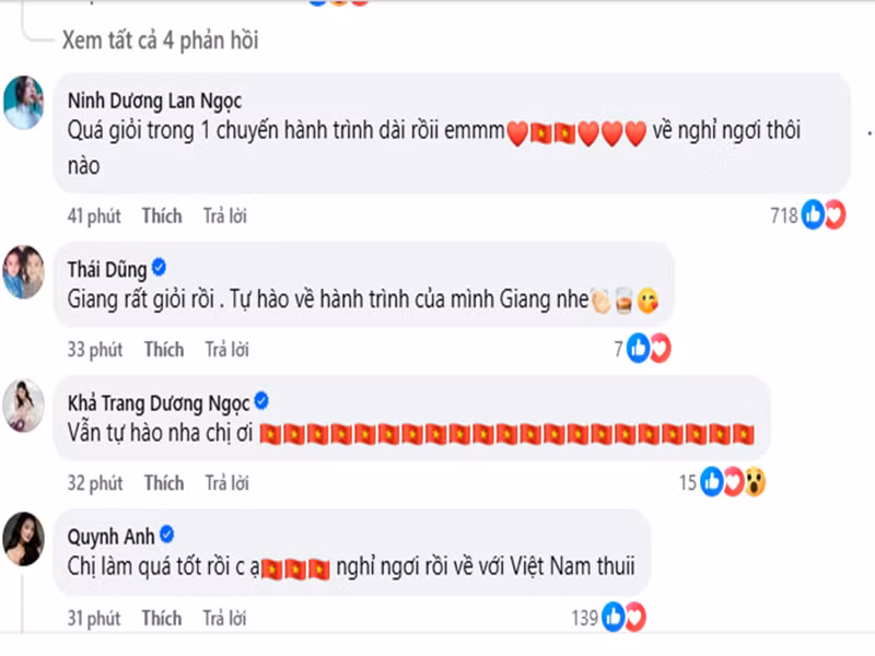 Ninh Dương Lan Ngọc nhắn nhủ Hương Giang: "Quá giỏi trong 1 chuyến hành trình dài rồi em. Về nghỉ ngơi thôi nào". Á hậu Quỳnh Anh động viên Hương Giang: "Chị làm quá tốt rồi chị". Ảnh: FB Hương Giang.