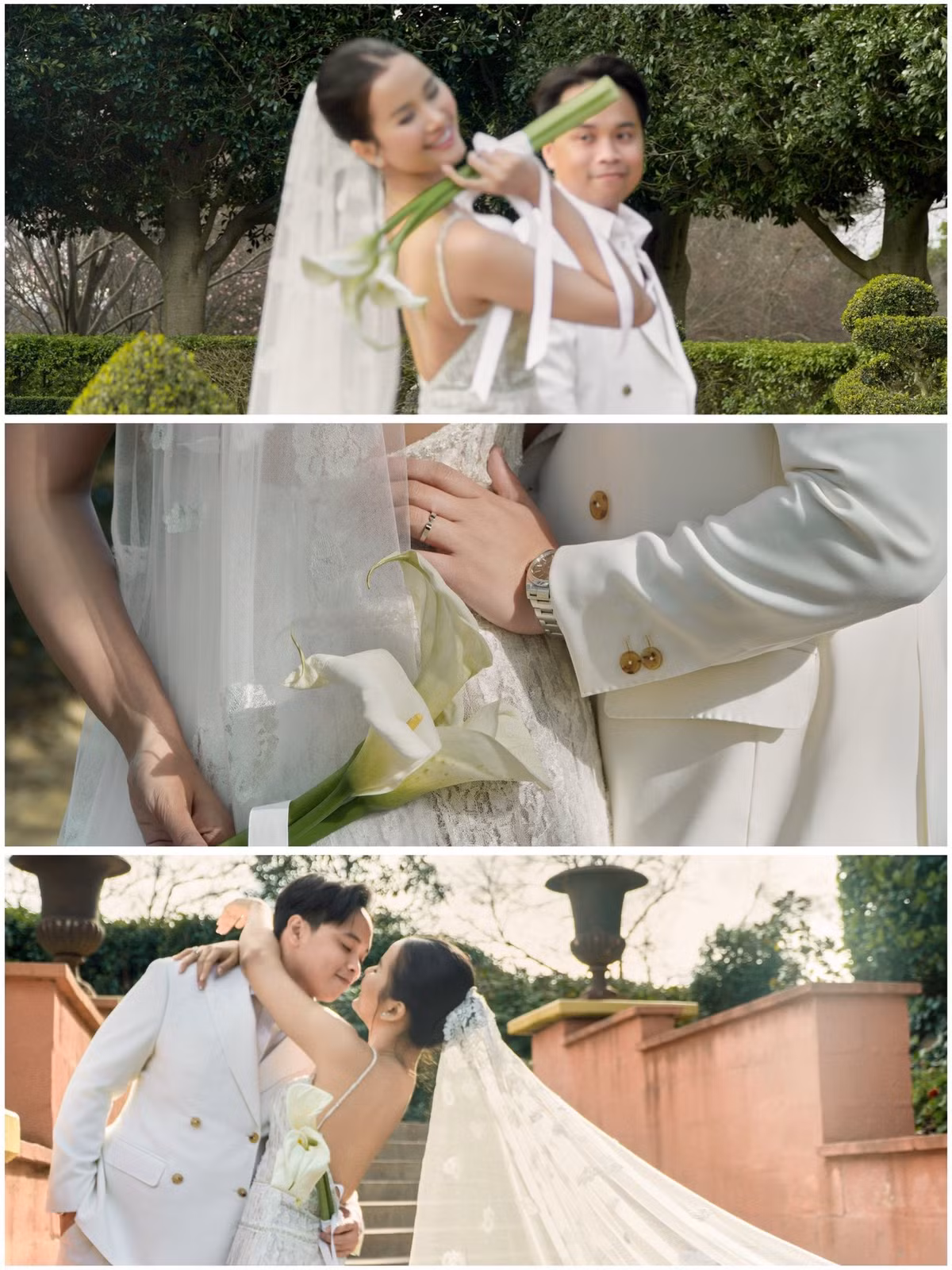 Vợ chồng Hương Ly chụp ảnh bối cảnh ngoài trời như công viên, trên bờ biển. Đôi uyên ương còn ghi lại những khoảnh khắc dạo phố, ngắm tranh trong bảo tàng.