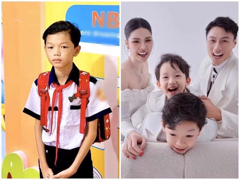 Người mẫu Kỳ Hân đăng ảnh con trai đầu lòng đi khai giảng. “Cậu đi khai giảng mà sức khỏe không được tốt. Mặt xị như mất sổ gạo”, Kỳ Vân viết. Ảnh: FB Kỳ Hân.