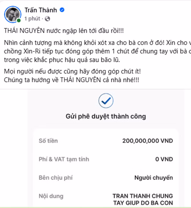 “Nhìn cảnh tượng mà không khỏi xót xa cho bà con ở đó! Xin cho vợ chồng Trấn Thành tiếp tục đóng góp thêm 1 chút để chung tay với bà con trong việc khắc phục hậu quả sau bão lũ”. Ảnh: FB Trấn Thành.