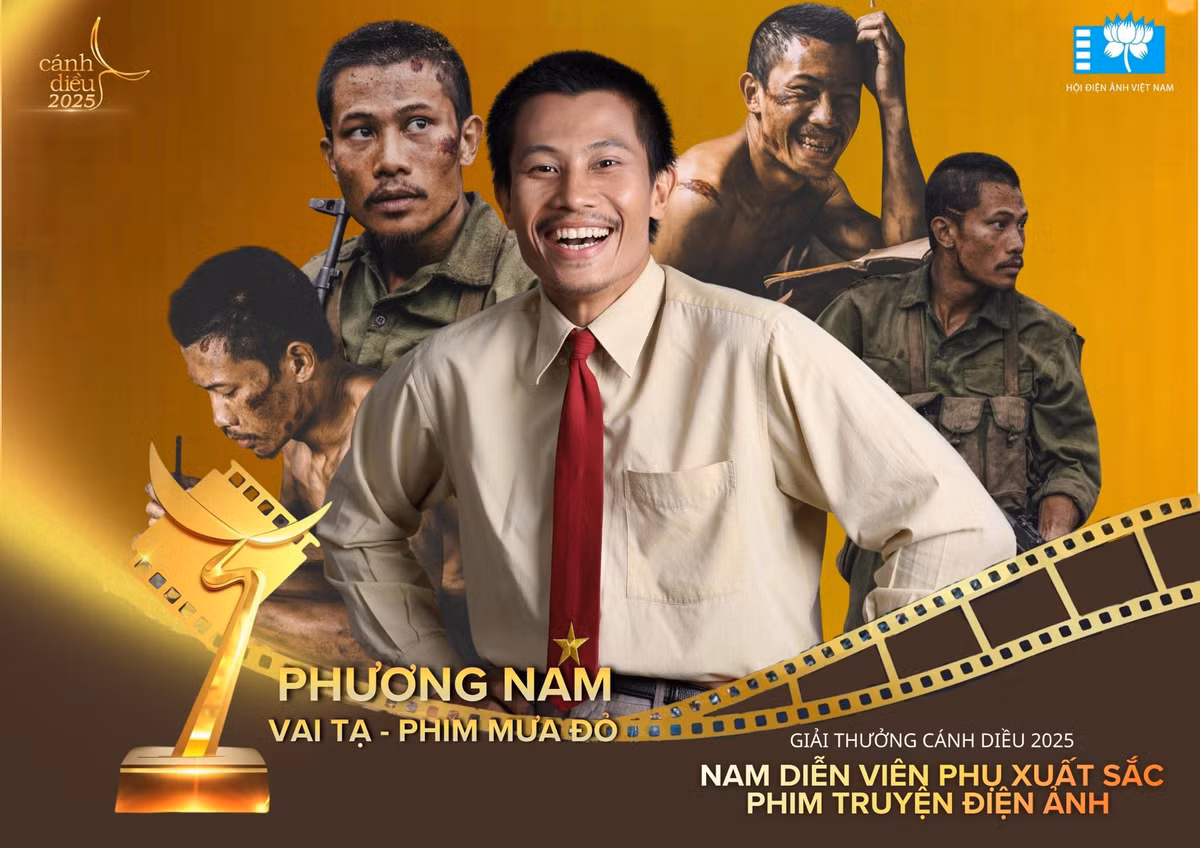Phương Nam vắng mặt tại Cánh Diều Vàng 2025. Anh đoạt giải Nam diễn viên phụ phim truyện điện ảnh. Phương Nam cảm ơn ê-kíp phim Mưa đỏ, vợ con, gia đình, đồng nghiệp, người hâm mộ. “Và cuối cùng, Phương Nam xin gửi lời cảm ơn và lời chúc mừng đến một người rất đặc biệt: anh Tạ”, anh viết. Ảnh: FB Phương Nam.