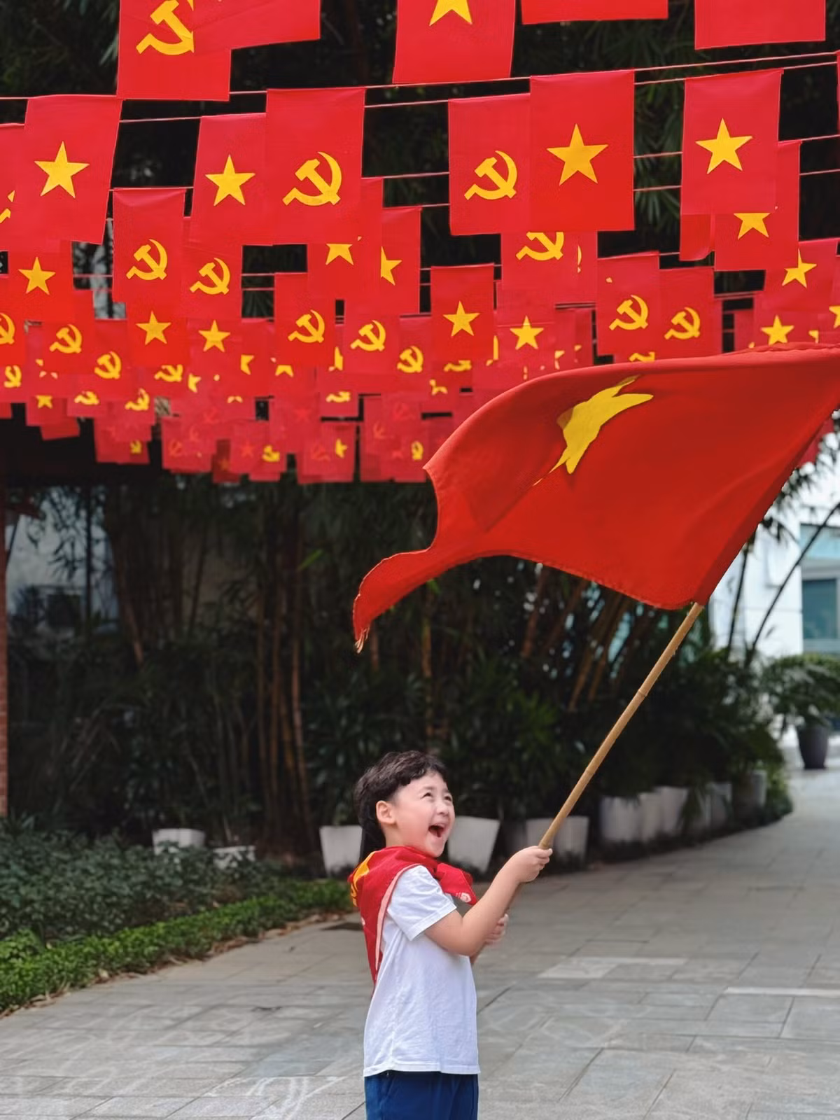 Con trai Tú Anh hào hứng vẫy cờ đỏ sao vàng. Ảnh: FB Tú Anh.