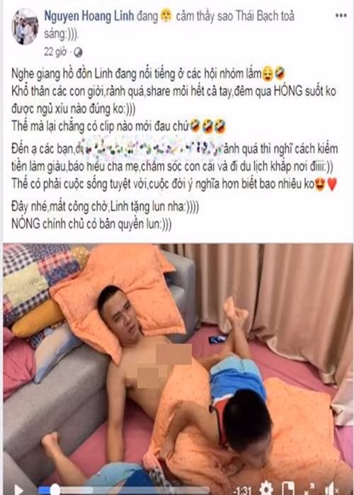 Ngoài bày tỏ sự bức xúc trước một số cư dân mạng lan truyền tin đồn không đúng sự thật, Hoàng Linh còn đăng tải một clip chơi đùa giữa quay phim Mạnh Hùng và hai con trai riêng của nữ MC kèm lời bình luận hài hước: “Nóng chính chủ có bản quyền". Ảnh: FB Hoàng Linh.
