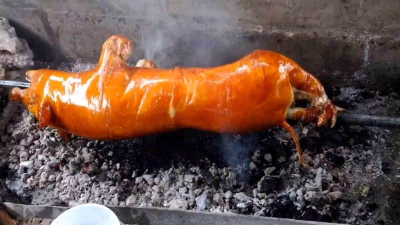 Trong số những món ngon Lai Châu phải kể đến lợn cắp nách. Đây là giống lợn bản địa, thịt chắc, thơm ngon. Khi chế biến, người ta thường nướng nguyên con hoặc hun khói, tạo nên hương vị đặc trưng khó quên. Ảnh: Bách hoá Xanh