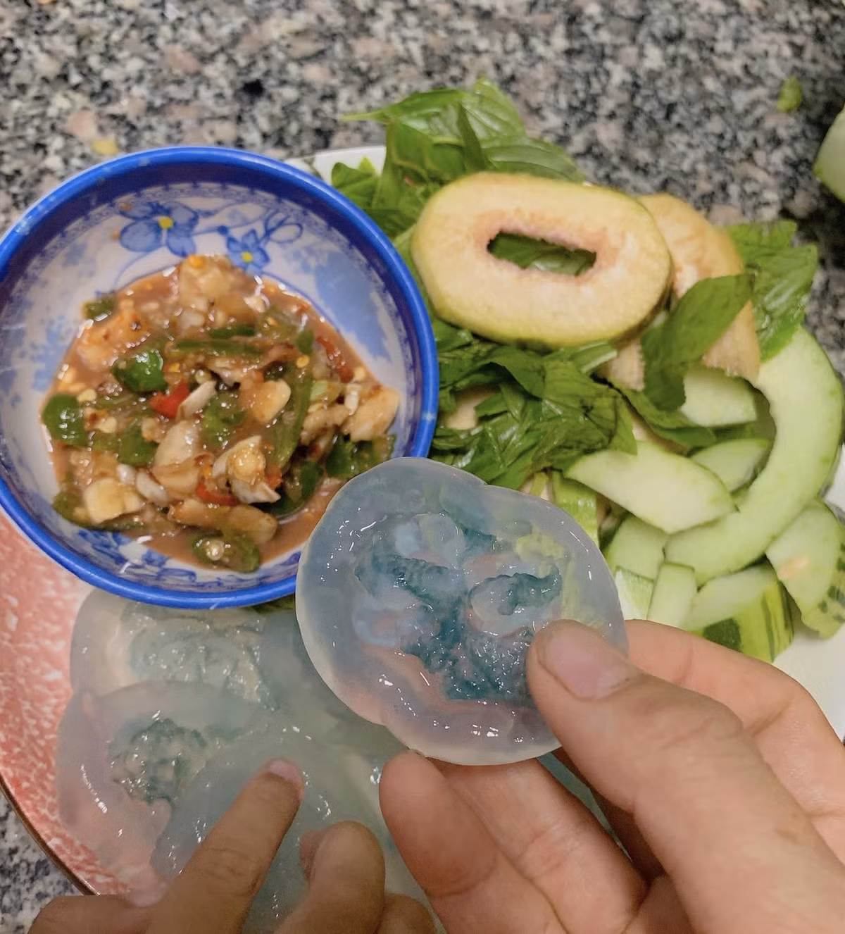 Món nuốc tươi ăn cùng mắm ruốc, rau thơm, quả vả và dưa gang cũng được thực khách ví như “sashimi xứ Huế”.