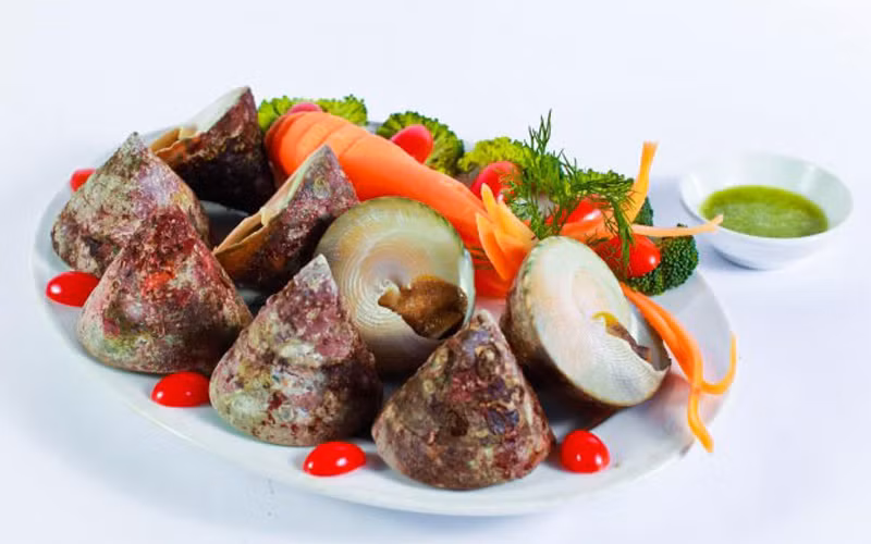 Nguyên liệu để làm nên món gỏi ốc nón thơm ngon, đặc sắc chính là thịt ốc nón, thịt ba chỉ, cùng các nguyên liệu phụ như dưa leo, rau răm, đậu phộng,... chấm cùng nước chấm chua ngọt.