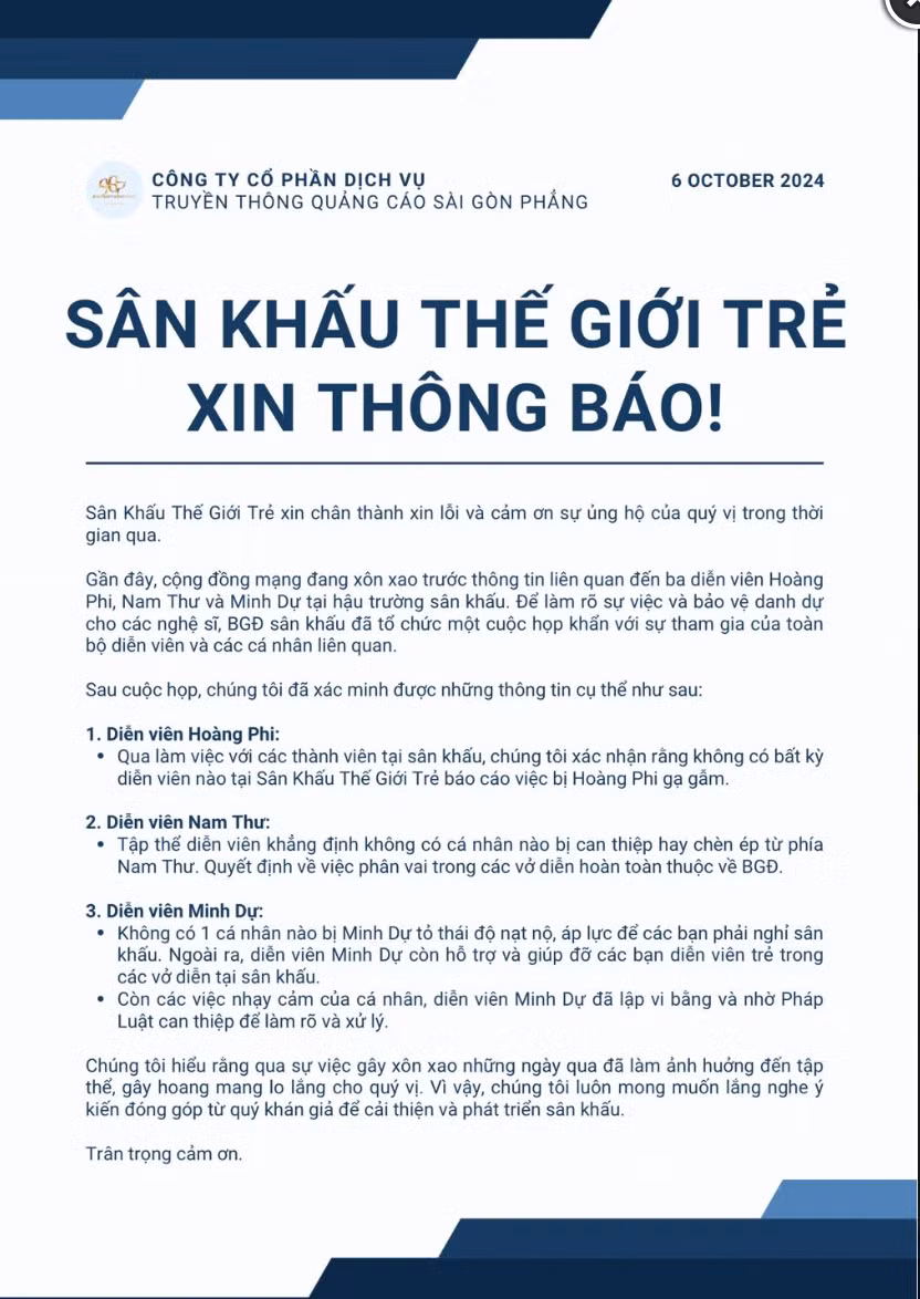 Ngay sau đó, đại diện sân khấu Thế giới Trẻ thông báo kết quả họp khẩn liên quan vụ Nam Thư, Hoàng Phi và Minh Dự bị một nghệ sĩ nhắc tên. Ảnh: Sân khấu Thế giới Trẻ