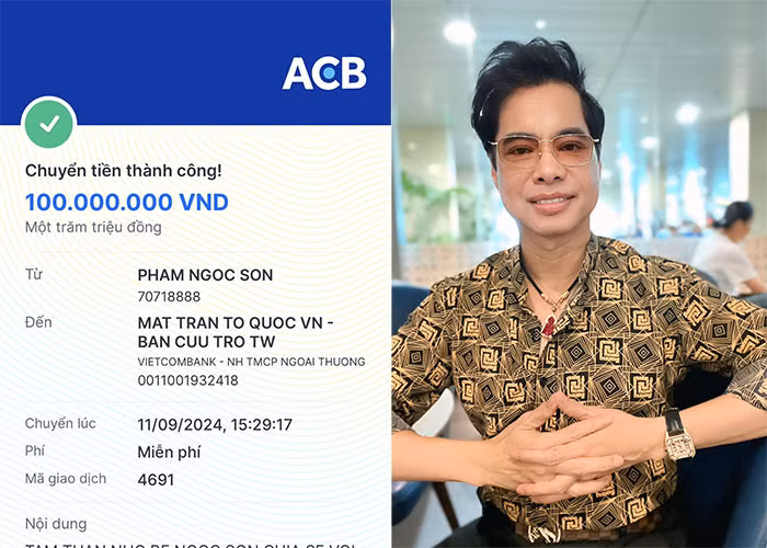 Nam ca sĩ Ngọc Sơn đã chuyển khoản 100 triệu đồng tới Mặt trận Tổ quốc Việt Nam để chung tay giúp bà con vùng lũ lụt ở các tỉnh miền Bắc. (Ảnh: FB Ngọc Sơn)