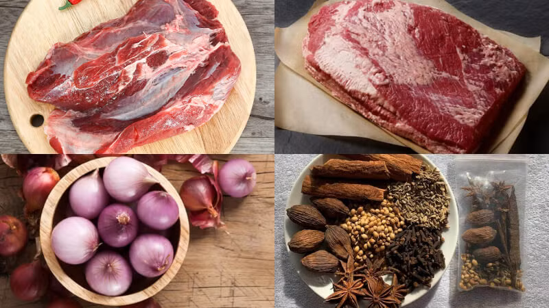 Để nấu phở Nam Định ngon, chuẩn vị, bạn cần chuẩn bị những nguyên liệu tươi ngon như: xương ống bò, thịt bò, bánh phở tươi, hành tây, hành tím, gừng, quế, hồi, thảo quả, đường phèn, muối, nước mắm và các loại rau sống ăn kèm. Ảnh: Bách hoá Xanh