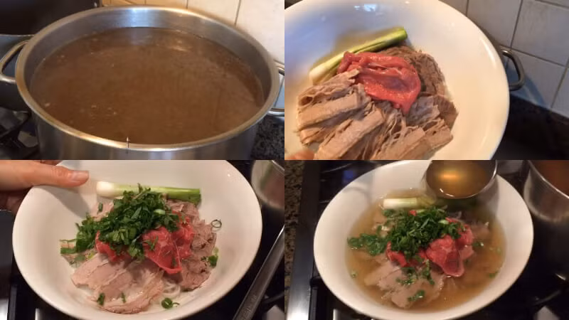 Trụng nhanh bánh phở qua nước sôi. Thịt bò thái mỏng, một phần thịt trụng chín tài, đổ nước dùng vào bát và thưởng thức. Ảnh: Bách hoá Xanh