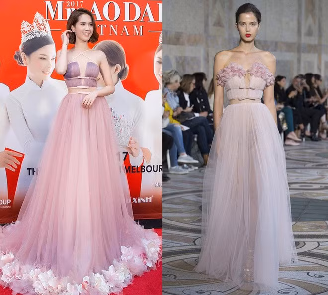 Chiếc váy tông hồng pastel nhẹ nhàng Ngọc Trinh diện tại sự kiện Mrs Áo dài Việt Nam 2017 bị tố đạo nhái với thiết kế của nhà mốt Giambattista Valli.