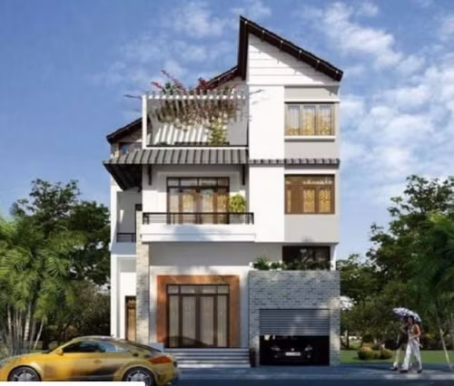 Nhà phố mái lệch bố trí mặt tiền hở, gara để xe rộng, bên trên có sân vườn vừa trang trí vừa có tác dụng chống nóng. Ảnh: Wedo.