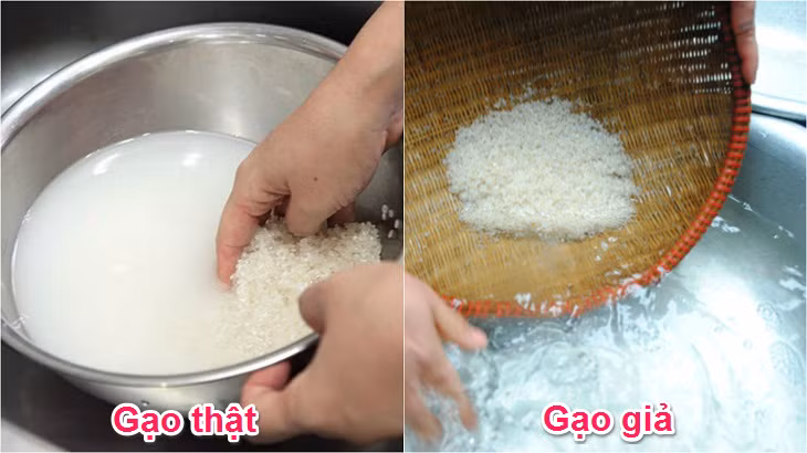 Ngoài ra, gạo thật có lớp cám rất mỏng bám ở bên ngoài hạt gạo. Khi vo gạo thật, nước vo gạo sẽ có màu trắng hoặc trắng ngà do lớp cám bị bong ra. Nếu vo gạo mà nước vo gạo không chuyển sang màu trắng thì đó là gạo giả. Ảnh: Internet.