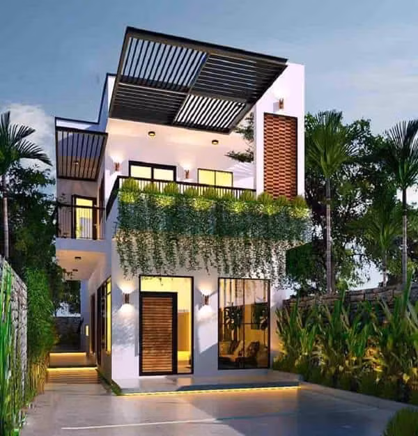 Để tạo điểm nhấn, các kiến trúc sư khéo léo phối thêm màu nâu/xanh bằng gạch ốp ở các mảng tường trang trí, góp phần tôn lên vẻ đẹp khỏe khoắn. Ảnh: Sateccons.