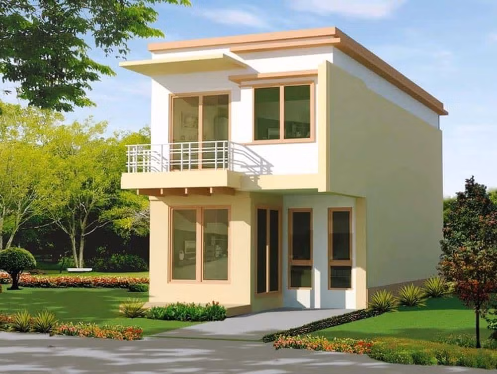 Với các gia đình có quỹ đất nhỏ và kinh phí hạn hẹp thì mẫu nhà 2 tầng này khá phù hợp. Trên diện tích 50m2, mặt tiền 5m, căn hộ xây đơn giản với 2 tầng. Tầng 1 bao gồm phòng khách và phòng bếp. Tầng 2 là 2 phòng ngủ cho gia đình. Ảnh: Noithatduongdai.