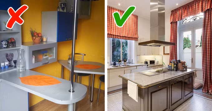 Quầy bar mini ngăn cách với phần còn lại thực sự không mang lại tiện ích mà chỉ khiến không gian thêm chật chội. Vì vậy, nếu diện tích phòng bếp khiêm tốn, kiểu tủ bếp chữ L hoặc chữ I là hợp lý nhất.