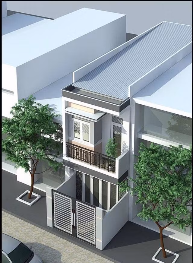 Hình khối kiến trúc nhà ống 2 tầng thiết kế đơn giản từ bố cục, màu sắc cho đến các chi tiết hệ thống trụ cột. Ảnh: Wedo.