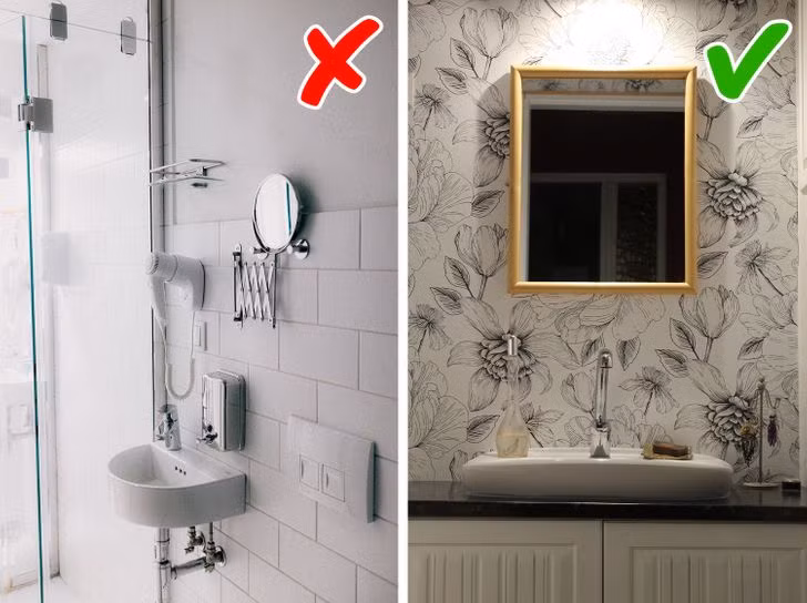 Với phòng tắm, gia chủ có thể sử dụng giấy dán tường chống thấm thay cho gạch ốp.