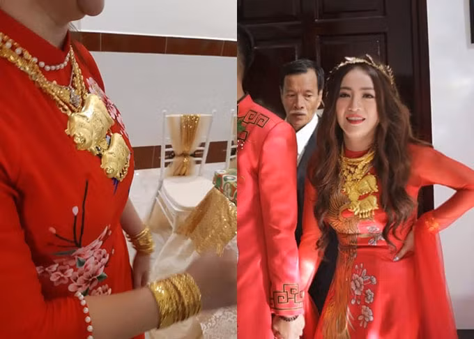 Trong lễ vu quy tại Vĩnh Long, cô dâu MiA gây chú ý với hình ảnh cổ, tay đeo đầy vòng vàng do bố mẹ dành tặng. Ảnh: Ngoisao. Video: Sự thật về đồ tiền tỷ của sao Việt. Nguồn: VTC1