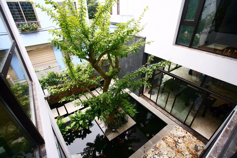 Giếng trời với hệ thống cây xanh hay đèn trang trí dày đặc có thể khiến việc bảo dưỡng, sửa chữa gặp nhiều khó khăn.