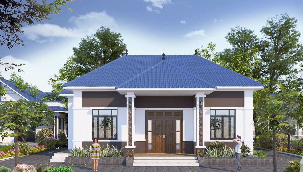 Mẫu biệt thự vườn 1 tầng được thiết kế theo cấu trúc đối xứng từ cột, cửa cho đến mái. Ảnh: Vtkong.