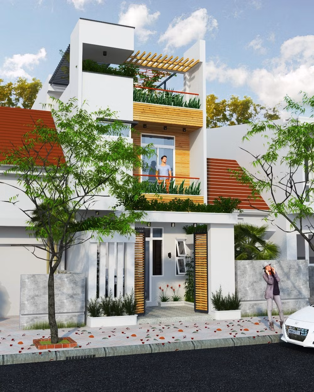 Thiết kế nhà ống với những đặc trưng nhỏ về chiều rộng và dài về chiều sâu. Tầng 1 là hệ thống của cổng đổ bê tông cùng với sơn trắng. Tầng 2 từ ban công thiết kế lan can bằng kính cường lực.