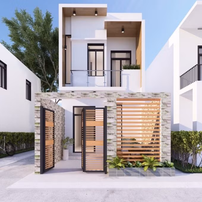 Mặt tiền nhà ống 2 tầng 5×20 với phong cách thiết kế hiện đại, đơn giản nhưng không kém phần tinh tế, thể hiện tính thẩm mỹ cao. Ảnh: Holcim
