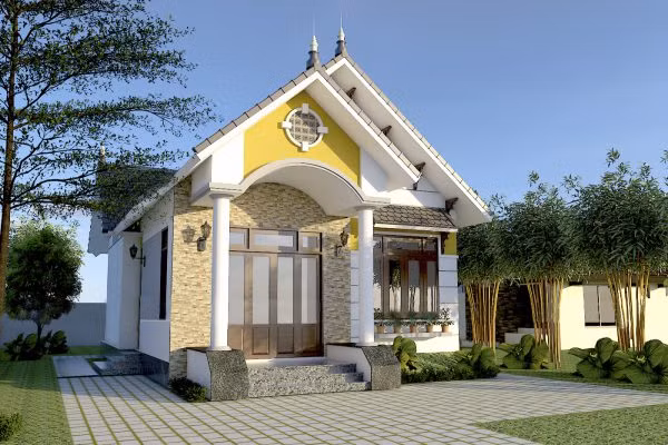 Thay vì sử dụng những trụ cột vuông có kích thước lớn như các mẫu nhà mái thái hiện đại khác, ngôi nhà sử dụng 2 trụ cột tròn trước mặt tiền. Ảnh: Wedo.