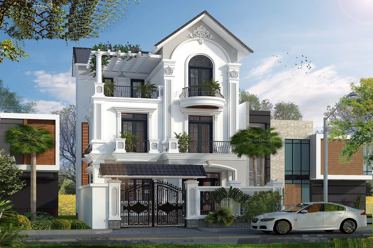 Không sử dụng cột tròn như thường thấy trong kiến trúc cổ điển truyền thống, kiến trúc sư thay bằng hệ thống trụ cột vuông mang đến hơi thở mới cho biệt thự. Ảnh: Wedo.
