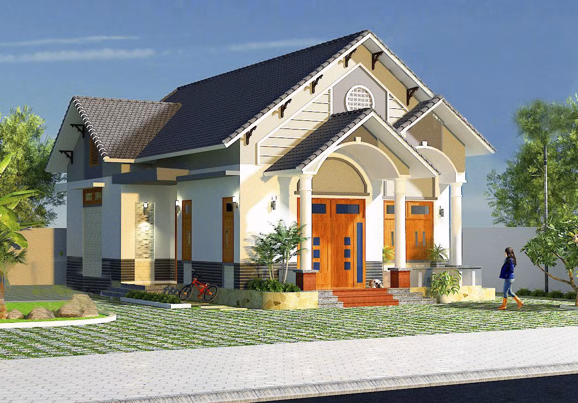 Trụ cột tròn với chấn vuông ốp đá tự nhiên cùng kiến trúc mái thái thiết kế chữ A giật cấp thể hiện sự cân đối cho không gian tổng thể chung của căn nhà cấp 4 hiện đại. Ảnh: Wedo. Video: Độc đáo cách tạo lối vào nhà. Nguồn: VTC1