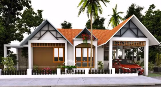 Thiết kế mở bên phải ngôi nhà vừa là nơi che chắn, vừa là nơi để ô tô. Phía trước nhà thiết kế hàng rào thấp và trồng hoa.