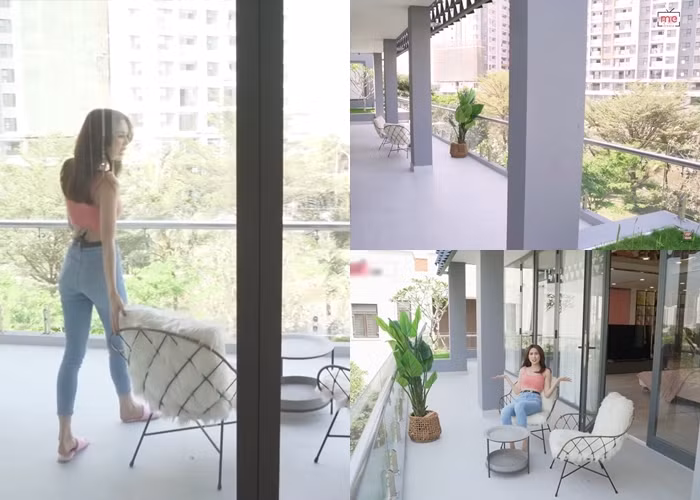 Ban công là nơi Ngọc Trinh thường xuyên làm việc hay nghỉ ngơi vào buổi tối. Nguồn ảnh: cắt từ clip.