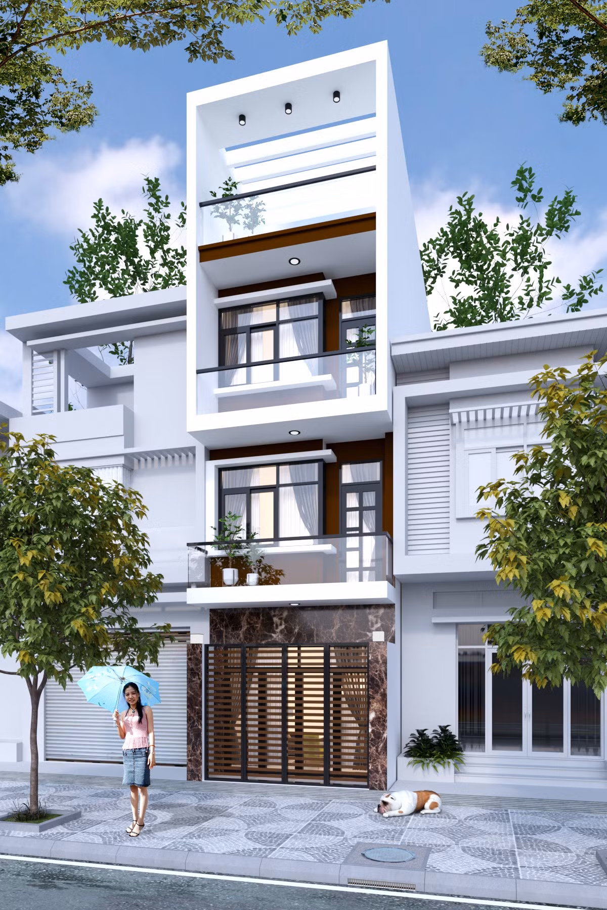 Hình khối ngôi nhà 3 tầng 1 tum thiết kế đơn giản với những khối vuông nhỏ nhắn và có độ đua rộng. Ảnh: Wedo.