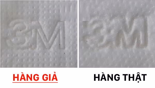 Trên khẩu trang 3M thật, chữ in rất sắc nét còn trên khẩu trang giả các nét in lem luốc, gần như không thể đọc được. Ảnh: Quantrimang.