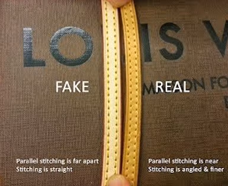 Về phần quai xách, các túi xách Louis Vuitton được làm bằng da bò tự nhiên nên chất lượng rất tốt nên không cần lớp nhựa bọc bảo vệ trong khi túi giả cần lớp nhựa này để viền ngoài.