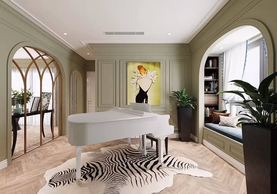 Khu vực được diễn viên Mạnh Trường yêu thích nhất là chiếc đàn piano màu trắng đặt ở giữa nhà. Ảnh: Lao động.