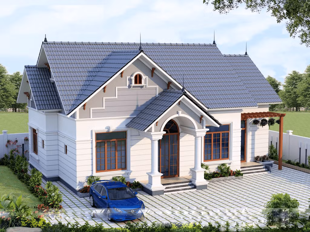 Nhà cấp 4 có phần mái lấy cảm hứng từ các cung điện Châu Âu là lựa chọn phù hợp với gia đình có diện tích đất lớn và yêu thích nét sang trọng cổ điển. Ảnh: Noithat9X.