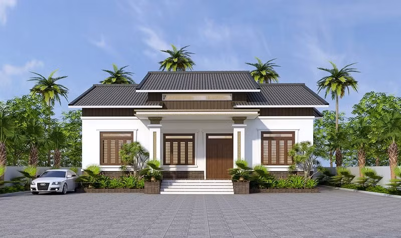 Khoảng sân trước nhà rộng, thoáng với gạch màu xám đem đến điều khác biệt cũng như giúp công trình có hiệu ứng thẩm mĩ cao hơn. Ảnh: Wedo.