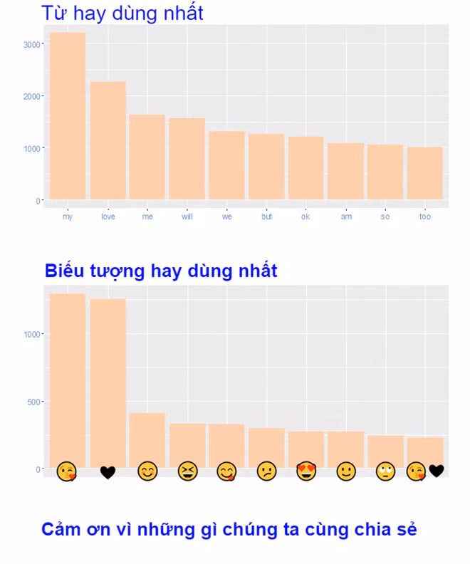 Những biểu đồ thống kê chi tiết đến từng chữ cái, từng biểu tượng cảm xúc thường gửi cho nhau. Ảnh: Reddit.
