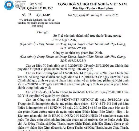 Thu hoi kem duong trang da ngan ngua nam Bao Xinh