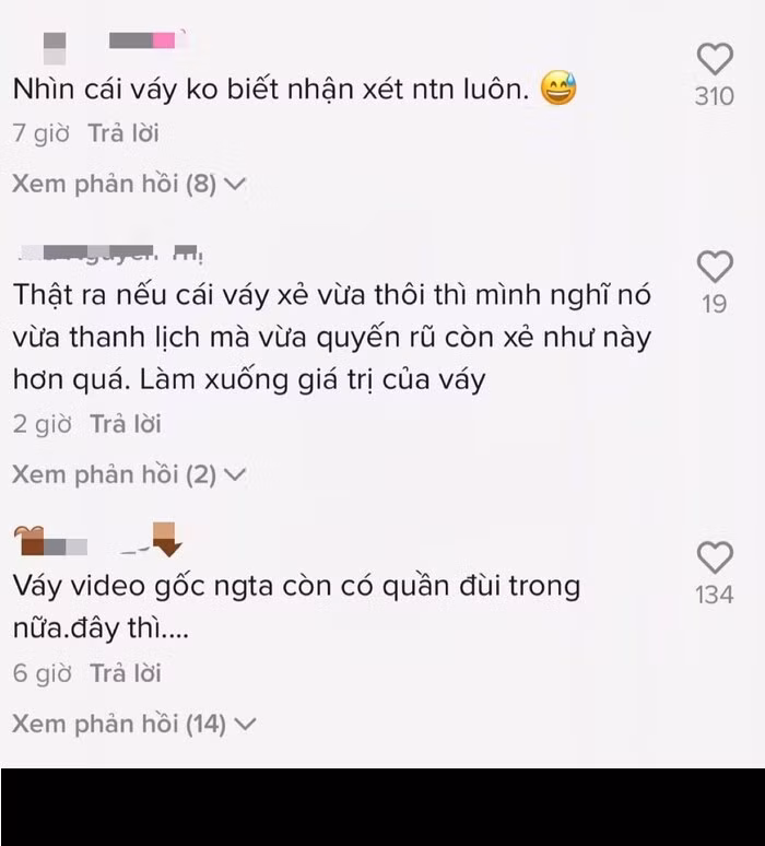 "Nhìn cái váy không mê nổi", "Mình thấy con gái mặc vậy không nên", "Thật ra nếu cái váy xẻ vừa thôi thì vừa thanh lịch, quyến rũ, còn xẻ cao thế này thì làm xuống giá trị của cái váy",...- cư dân mạng bình luận.