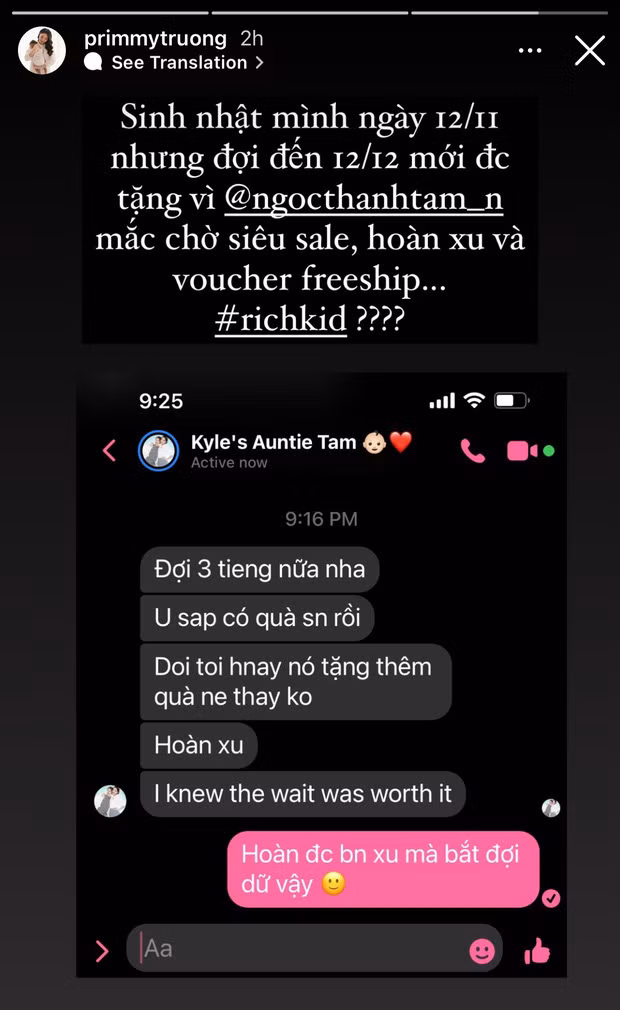 Cụ thể, bà xã Phan Thành đã phải lên story Instagram để kể khổ vì việc sinh nhật mình đã diễn ra từ hôm 12/11 song cô bạn thân Ngọc Thanh Tâm lại nhất quyết khất hẹn để 1 tháng sau mới chịu tặng quà.