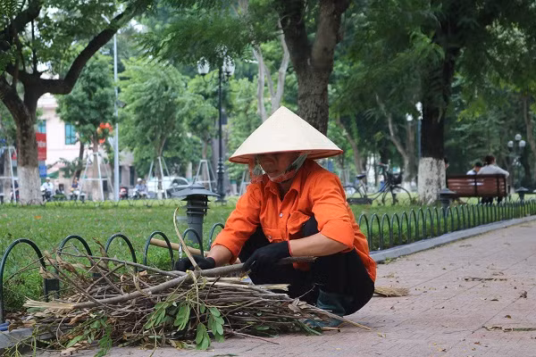 Những cô công nhân môi trường vẫn miệt mài làm việc.